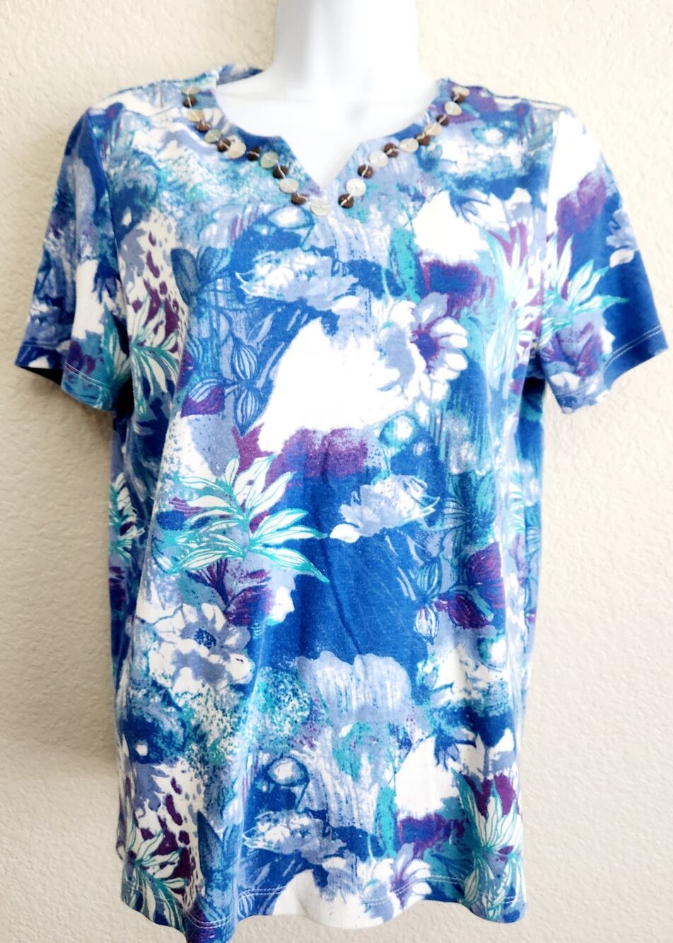 Rebecca Malone Blue White Floral Print Beading Detail Top Medium Lightweight